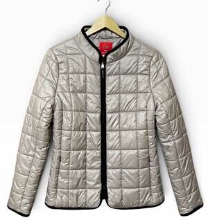 Ciao Milano CM 1969 Taupe Beaded Collarless Quilted Zip Jacket Sporty Chic M EUC